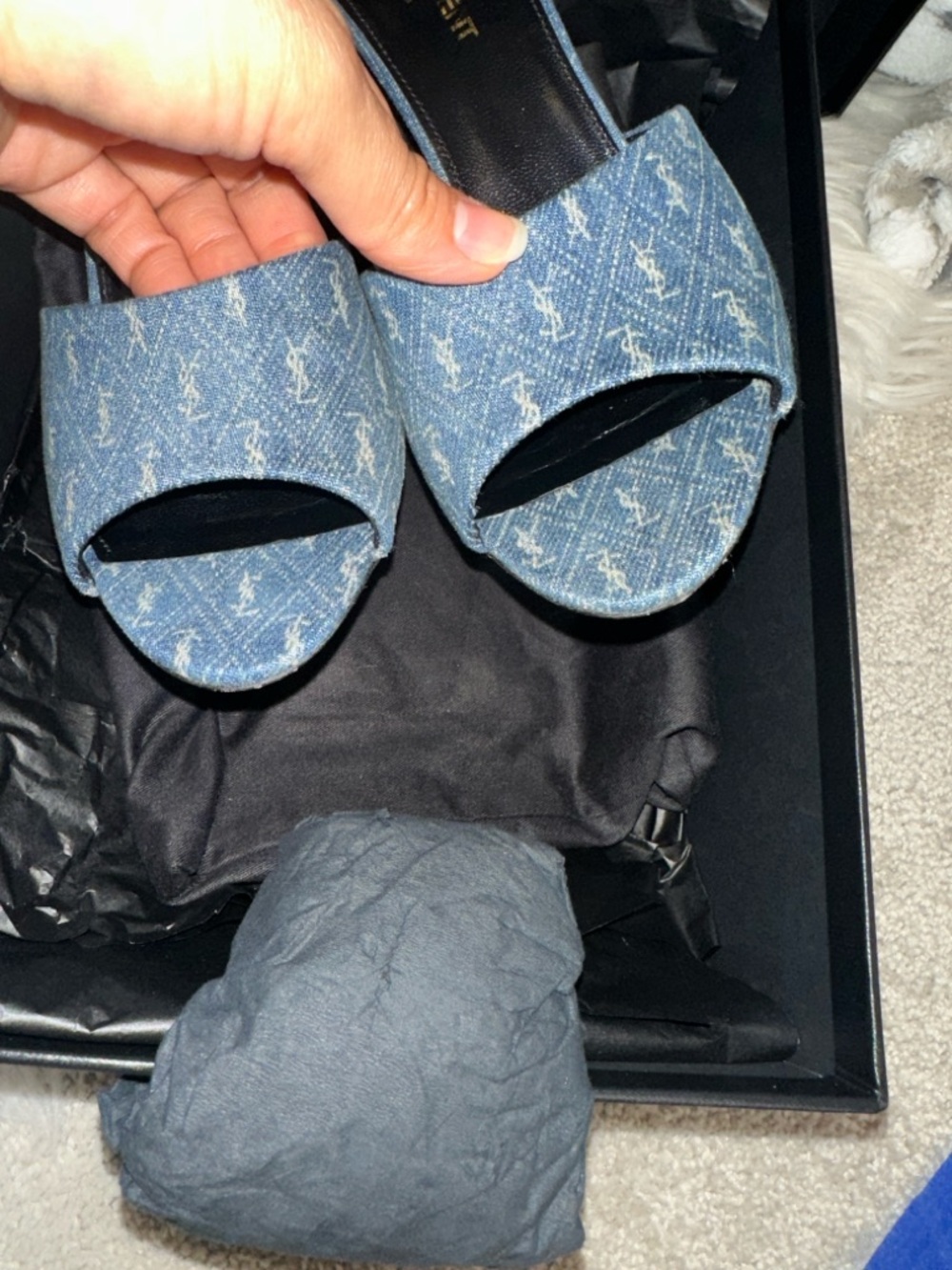 Saint Laurent Blue Denim Monogram Slide Mules - Picture 4 of 11